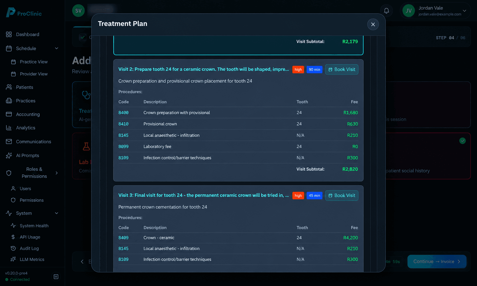 Treatment plan showing itemised SADA-coded procedures with amounts in ZAR