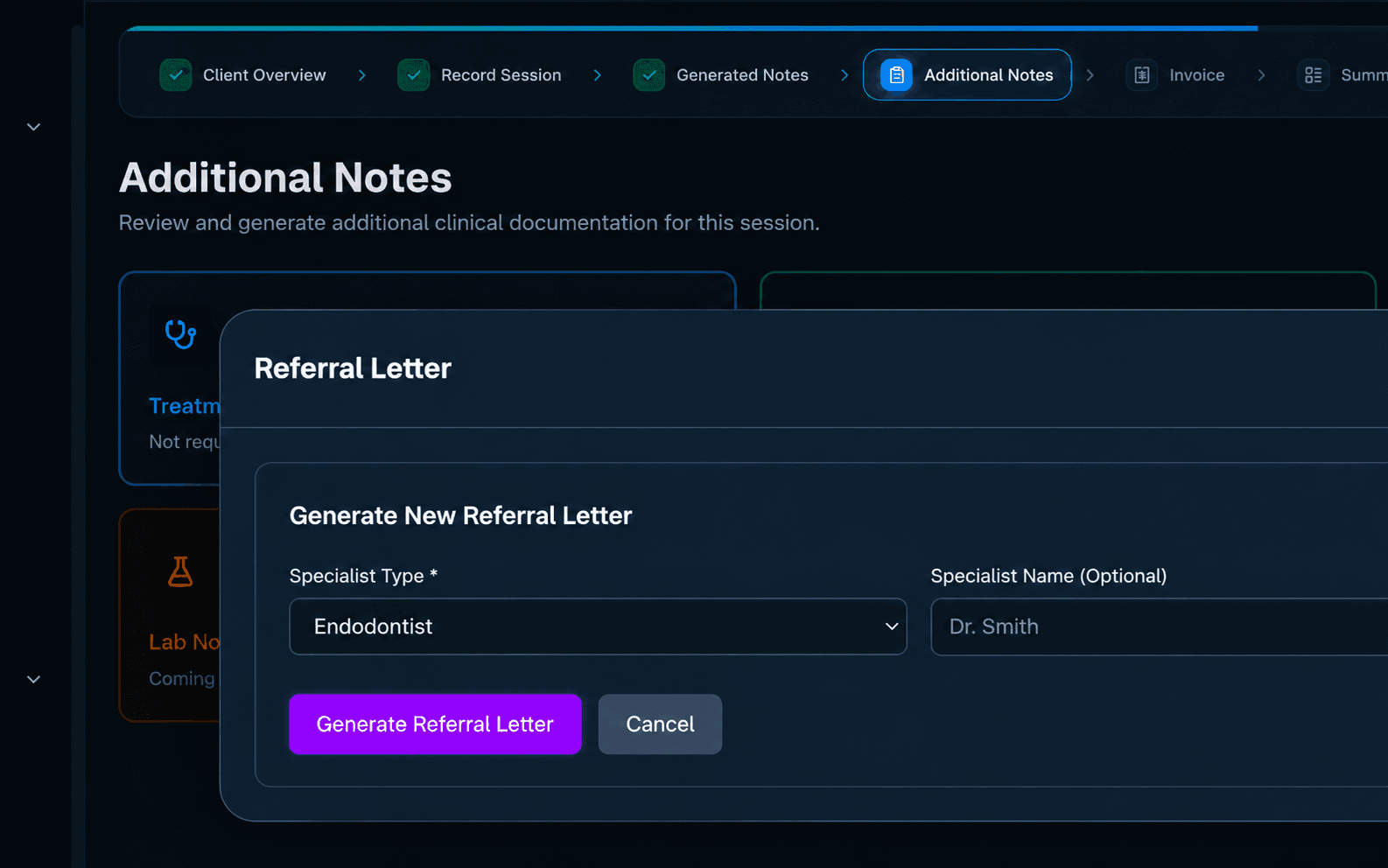 Referral letter modal with specialist type dropdown and optional specialist name field, ready to generate