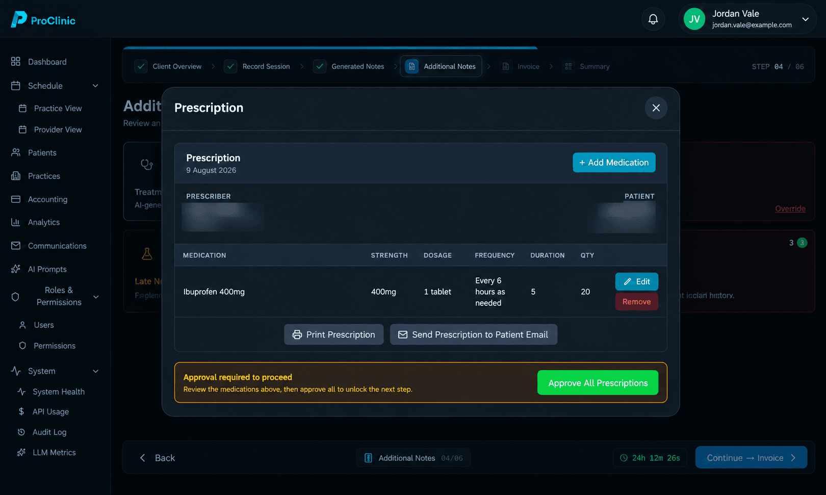 Prescription drafted with allergy and interaction safety checks, waiting for the clinician’s approval