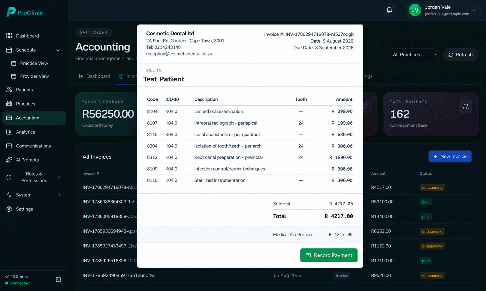 Accounting view with an open invoice and Record Payment action