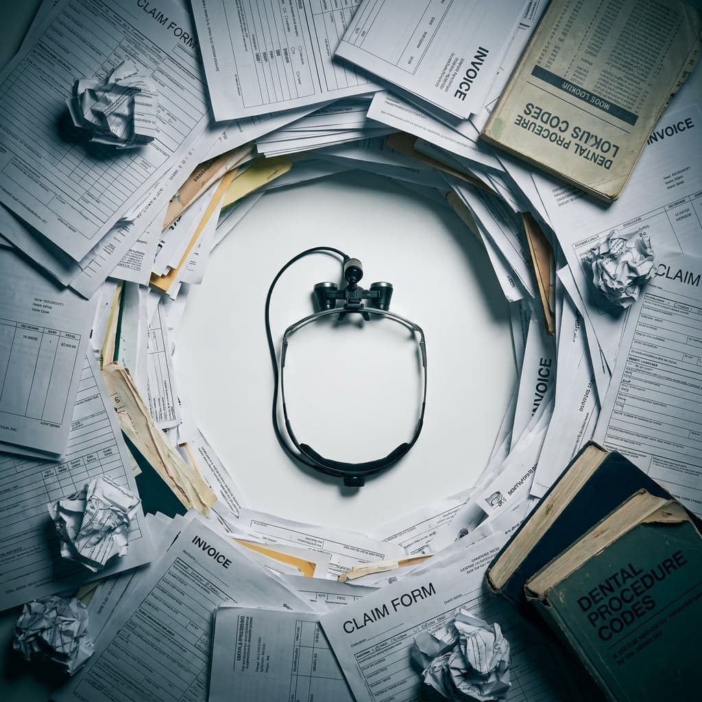 Dental loupes surrounded by invoices, claim forms and procedure-code books