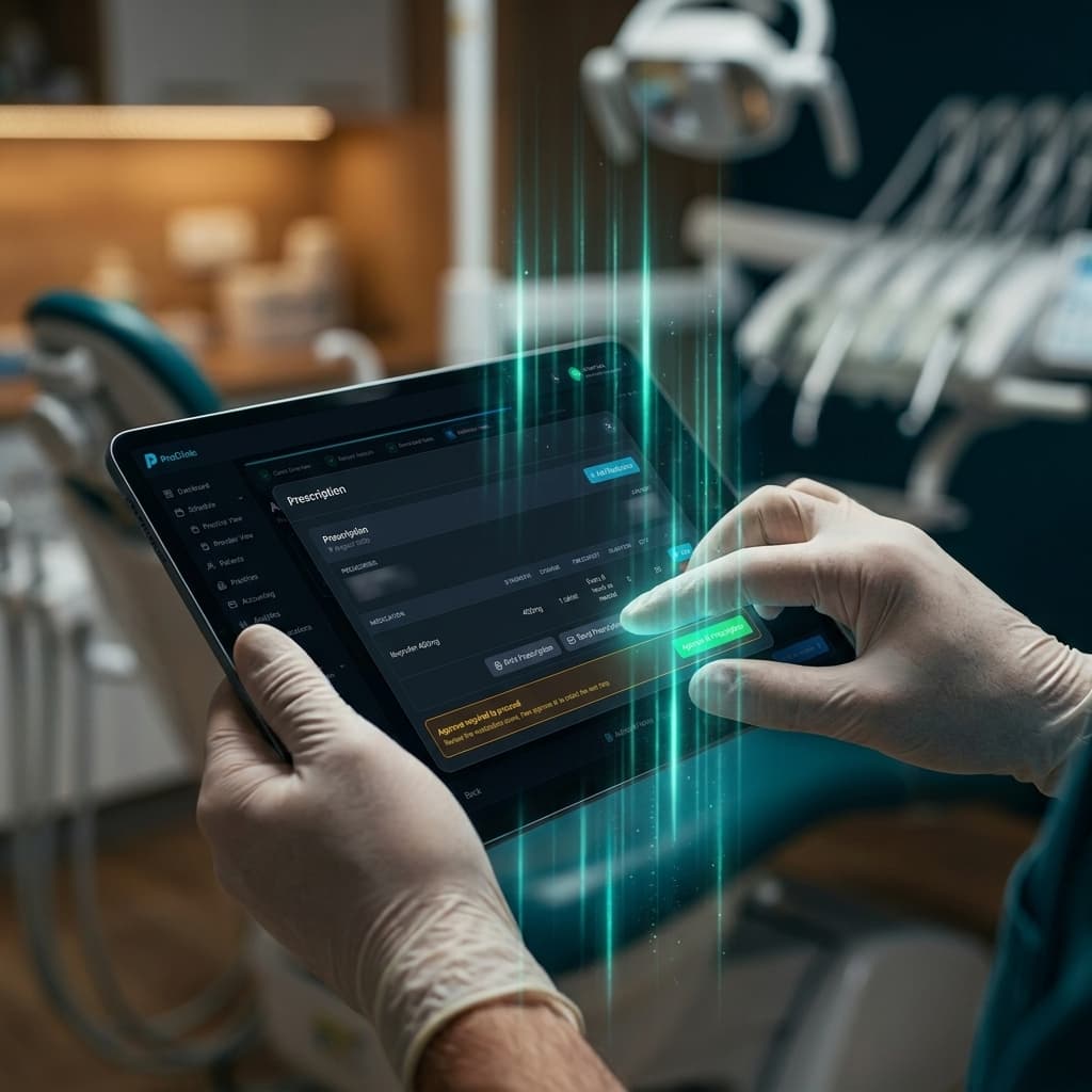 Dentist using a tablet in a dental surgery
