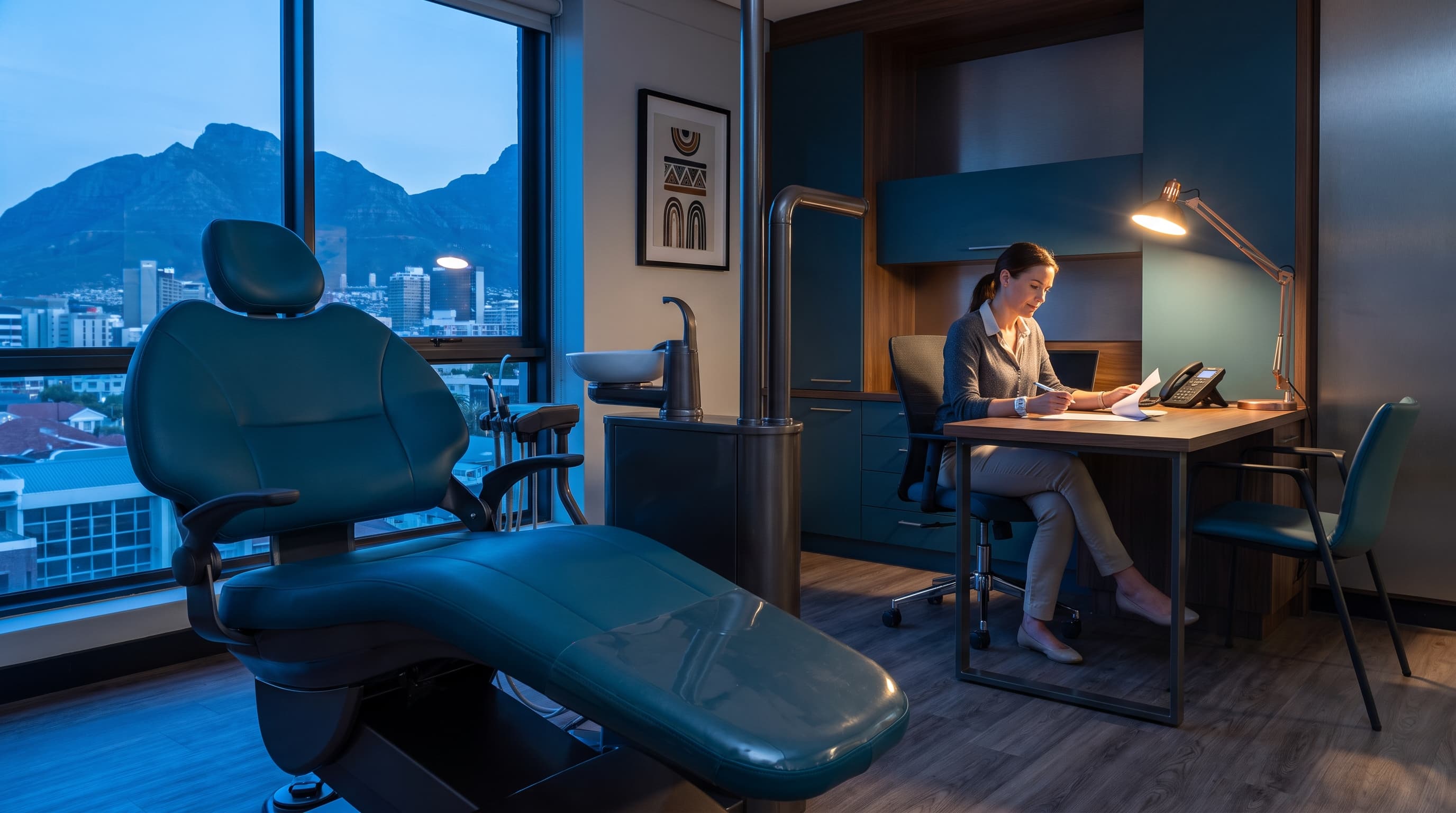 Dentist completing paperwork after hours beside an empty dental chair